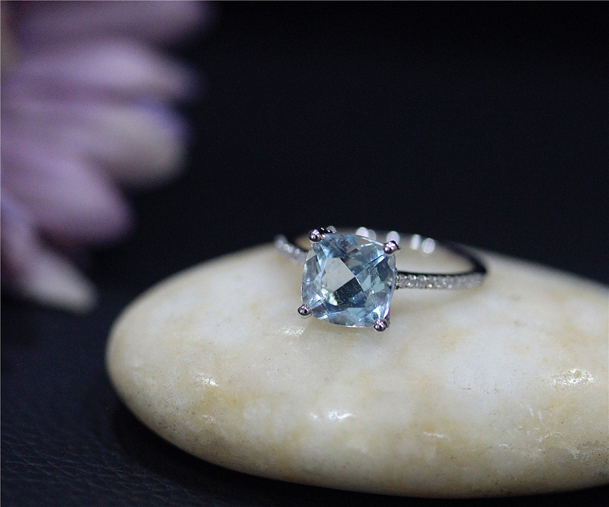 Diamonds and Aquamarine Ring Cushion Birthstone Engagement