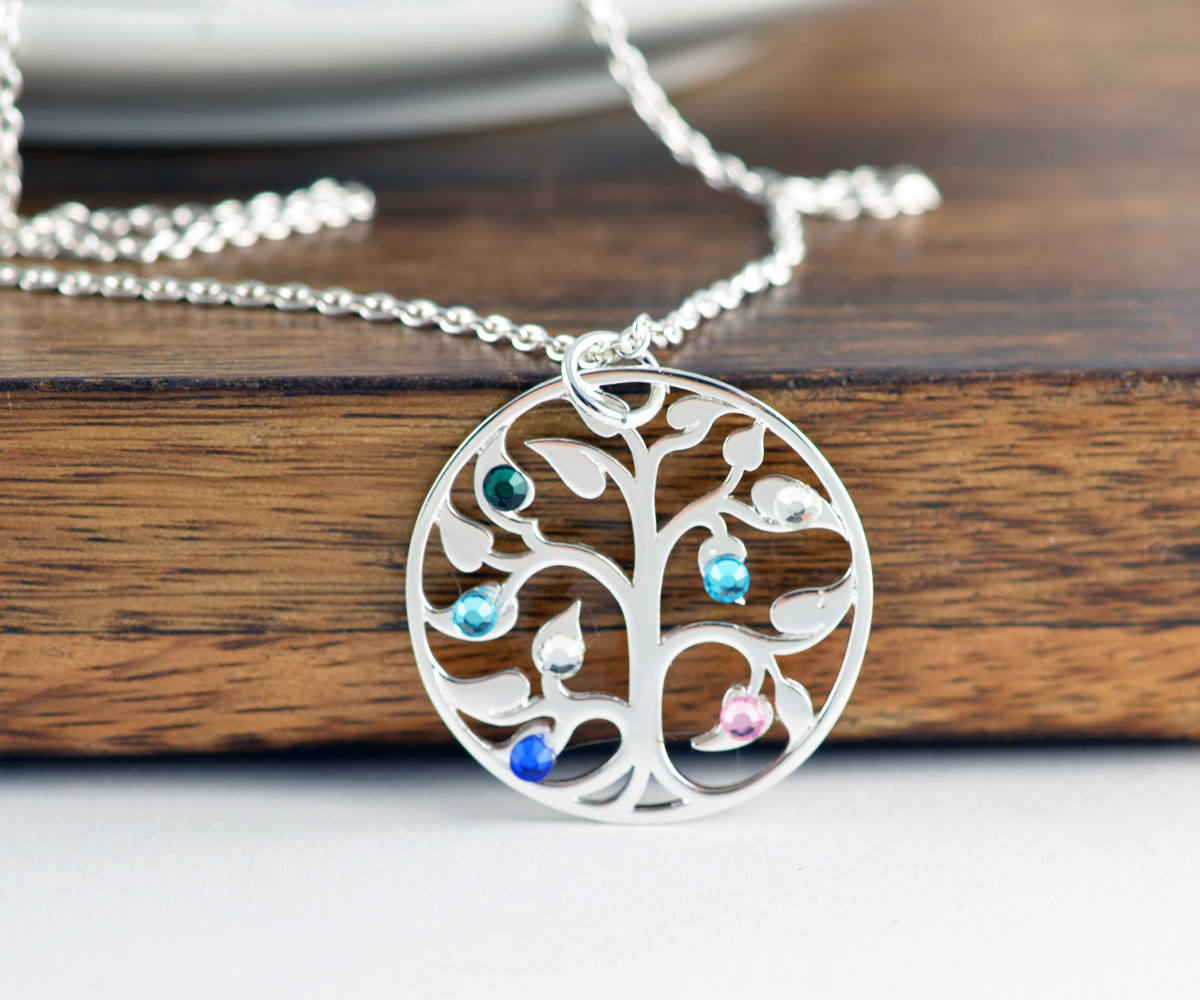 Silver Family Tree Birthstone Necklace