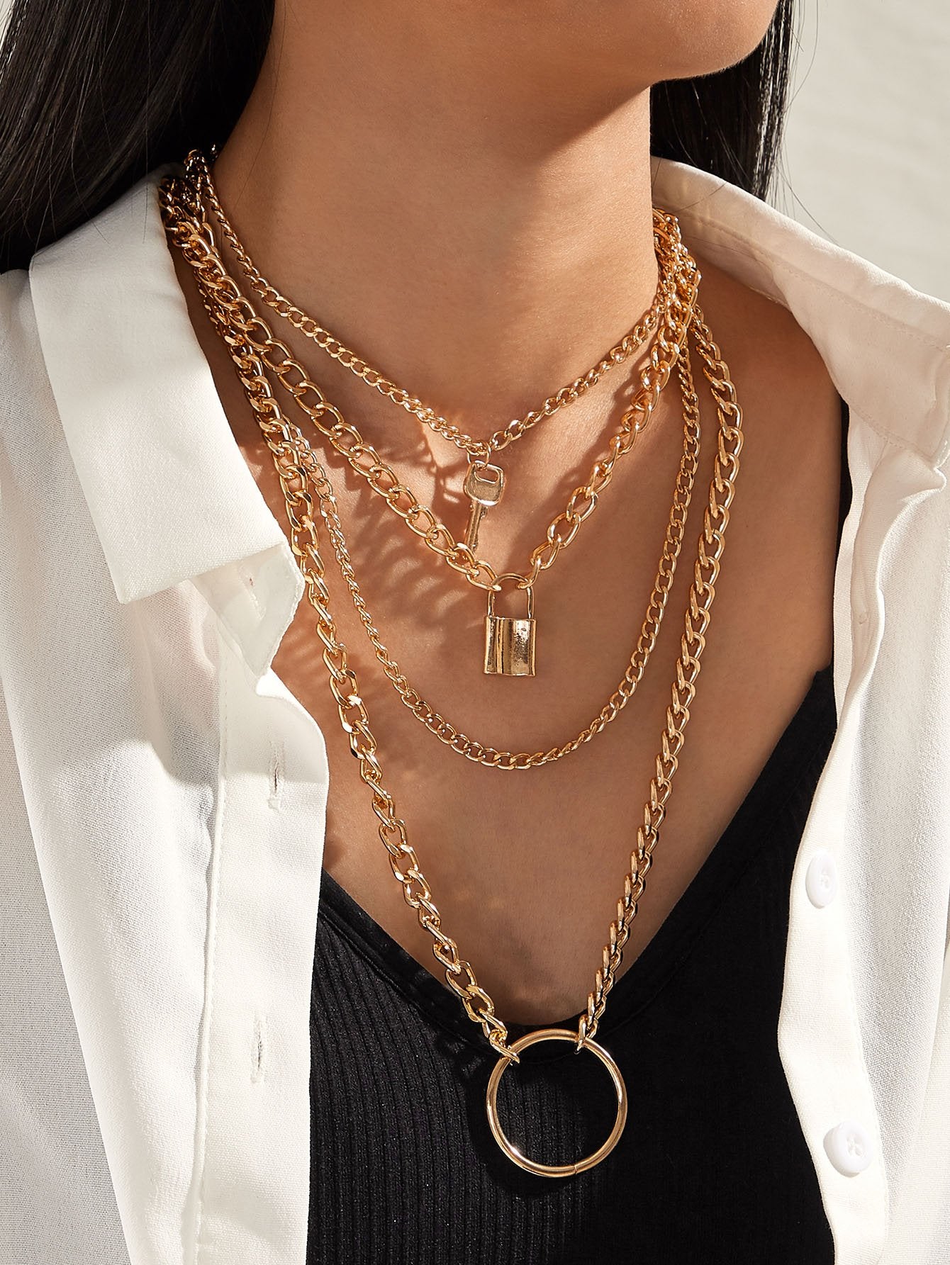 Lock & Key & Ring Pendant Layered Chain Necklace Set