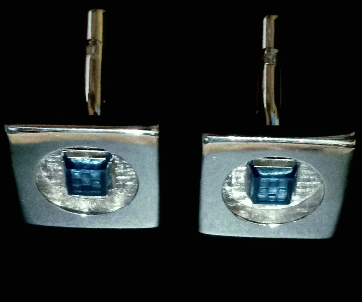 Vintage Geometric Silver Toned and Blue Glass Cufflinks