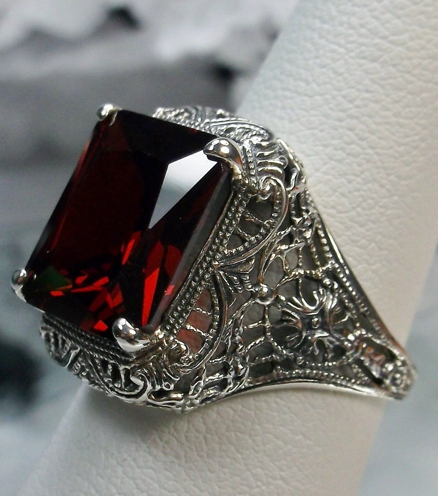 Garnet Ring Solid Sterling Silver 5ct Red Gemstone Floral